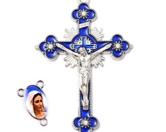 Large set Rosary Virgin + Cross with rhinestones, Cross 53 x 35 mm, center 24 x 14 mm links 2 mm