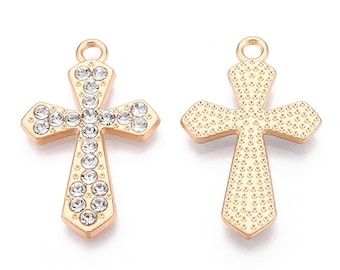 1 Cross pendant with rhinestones 30 x 20 x 2 mm, Hole 2 mm, Ideal for pendant or making rosaries, nickel-free and lead-free