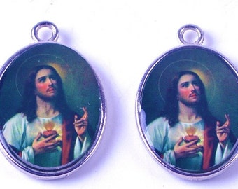 1 Medal Heart of Jesus Pendant Double Side 29 x 20 mm, Hole 3 mm