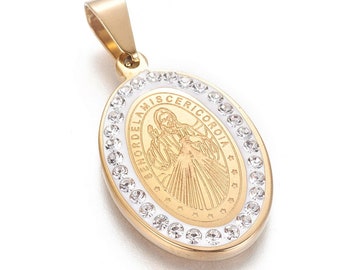 1 = Jesus of Mercy, Pendant Medal with Rhinestone in Stainless Steel 26x17 x 3 mm, Hole 4x6 mm, Catholic Medals, Sold alone