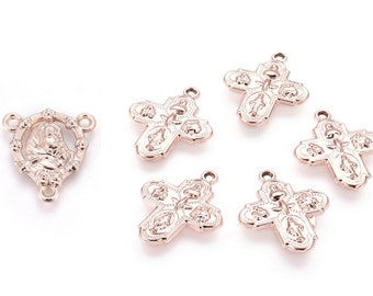 Kit Chapelet Or Rose ,Croix + Centre Rosaire , Croix 24 x 19,5 x 2 mm   , Centre Rosaire 19 x 17 x 1,5 mm ,Liens 1,5 mm ,Alliage de Zinc