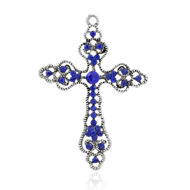 Croix Latin Serti de Cristaux Bleu Saphir 69 x 48 x 5 cm ,Trou 3 mm Alliage Style Tibétain Argent Antique image 2