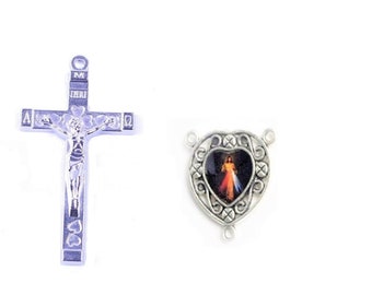 Kit Chapelet ,Crucifix-Centre Rosary Double Face Jesus Divine Mercy 24 x 23 mm ,Cross Tibetan Style 43 x 25 mm Hole 1.5 mm