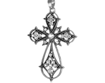 Croix Grand Pendentif Serti des Strass Transparent AB 53 x 37 x 4  mm , Support Trou 4 x 7 mm