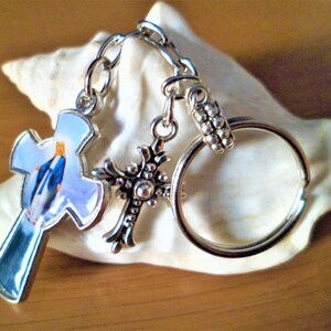 Porte Clés = Croix Vierge Miraculeuse Alliage et Acier Inoxydable 9,5 Cm Anneau 25 mm