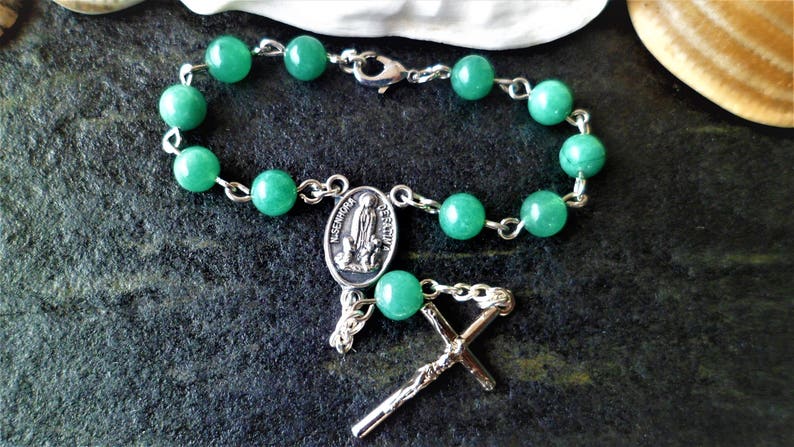 Dizainier Vert Perles Agate Médaille Vierge Fatima14 cm, Dos Terre de Fatima , Joli Dizainier Cadeau Souvenir Noel Pacques Anniversaire image 6