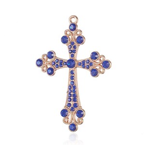 Grand Pendentif Croix Latine Cristal Strass Saphir Alliage Doré  73 x 51 x 5 mm ,Trou 3 mm