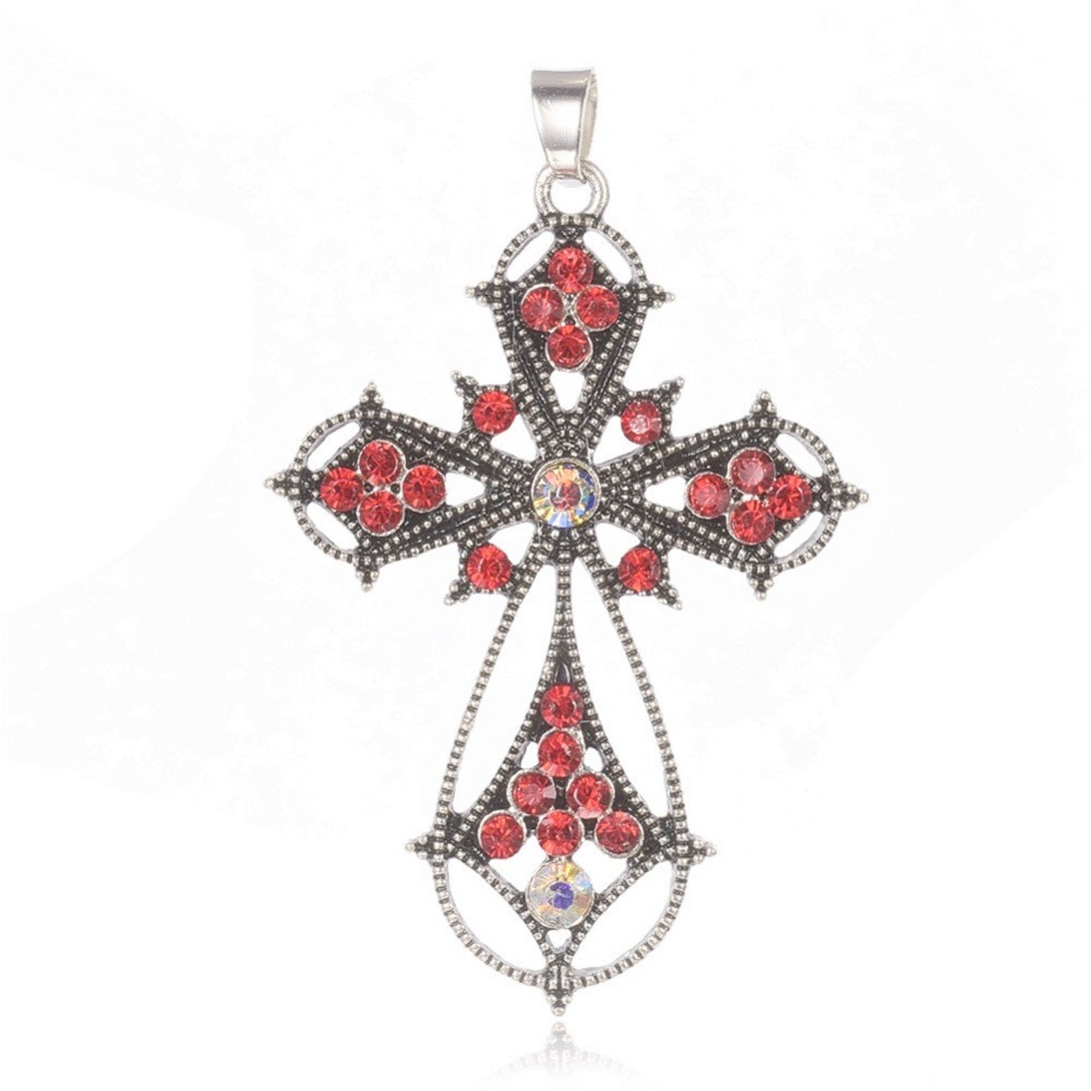 Collier Moderniste Scandinave - Métal Texturé Avec Strass Rouges, Longueur ~78 Cm, Occasion