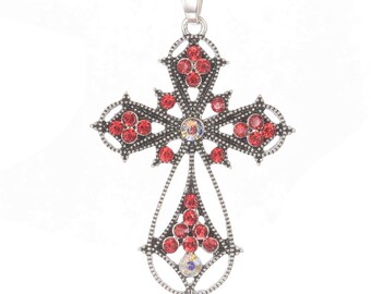 Croix Grand Pendentif Serti des Strass Rouge Transparent 53 x 37 x 4  mm , Support Trou 4 x 7 mm