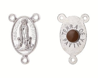 2 Centers Rosary Virgin of Fatima three shepherds, Back earth of Fátima 20 x 13 mm, Connector 3 Links hole 2 mm