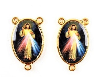 1 Chapelet Centre Rosaire Jésus Divine Miséricorde Double Face 23 x 16 mm ,Laiton Couleur Or Photo Résine