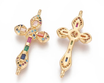 Cross Connector Cubic Zirconia Micro-Paved Multicolor Gold Plated 32 x 15 mm Thickness 3.5 mm 2 Links 1.2 mm