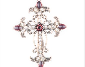 1 Grand Pendentif Croix Style Tibétain Avec des Strass Transparent Rouge 75 x 50 x 4 mm Trou 3 mm