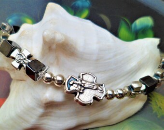 Bracelet Hématite Croix Vierge de Fatima Extensible Style Tibétain Tailles 18 Cm et 19 Cm