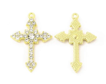 Cross pendant with rhinestones 34.5x23x4 mm, Hole 1.6 mm, Ideal for pendant or making rosaries, nickel-free, lead-free