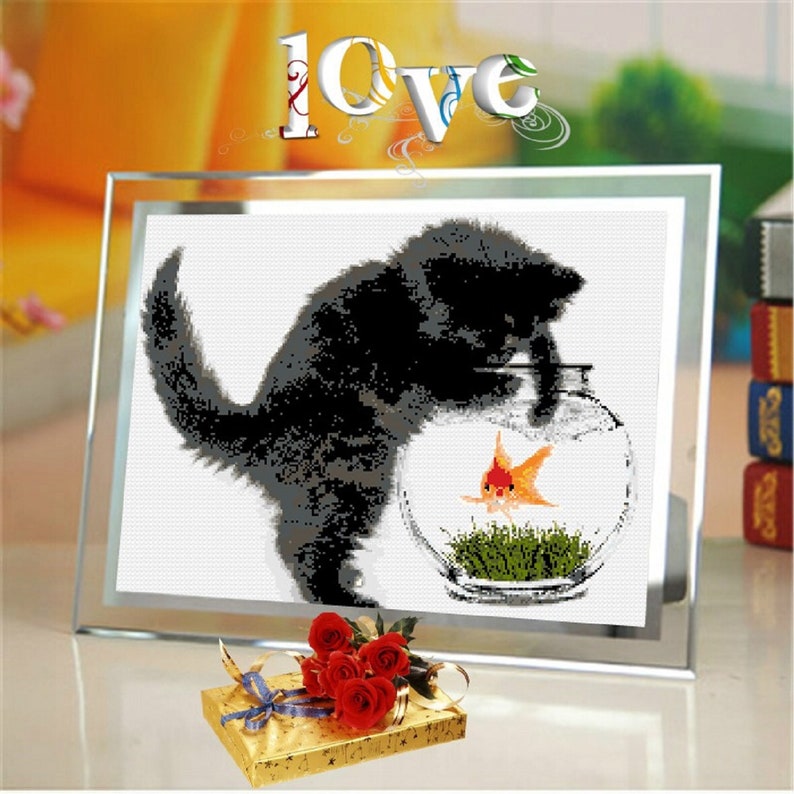 Cat Fish Cross Stitch Pattern Pdf Instant Download Chat Poisson Grille Point De Croix Pdf Instantan U00e9 Sewing Fiber Craft Supplies Tools