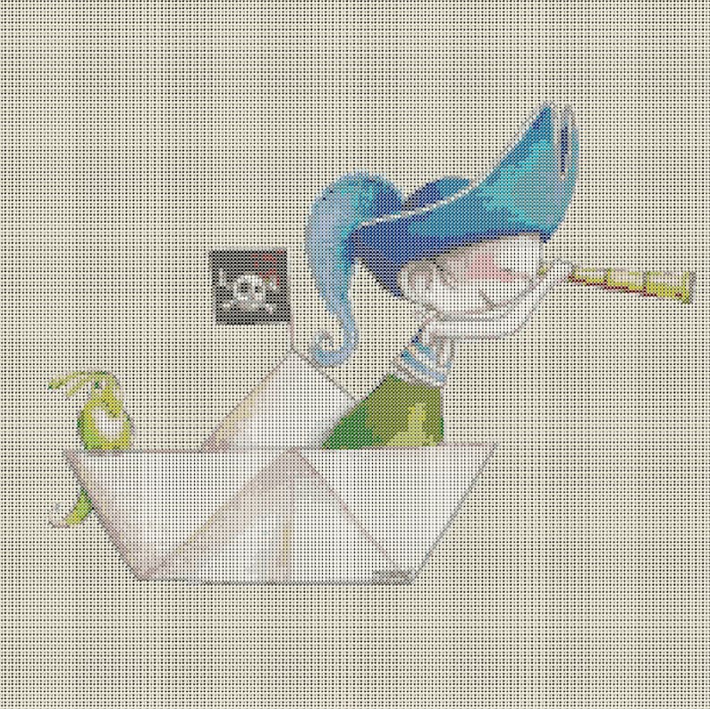 Counted cross stitch pattern children Pirate and paper boat Grille point de croix compt\u00e9 enfants Pirate et bateau papier