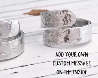 Custom Hammered Secret Message Inspirational Aluminum Wrap Ring, Custom Message Ring, Motivational Ring, Silver Wrap Ring