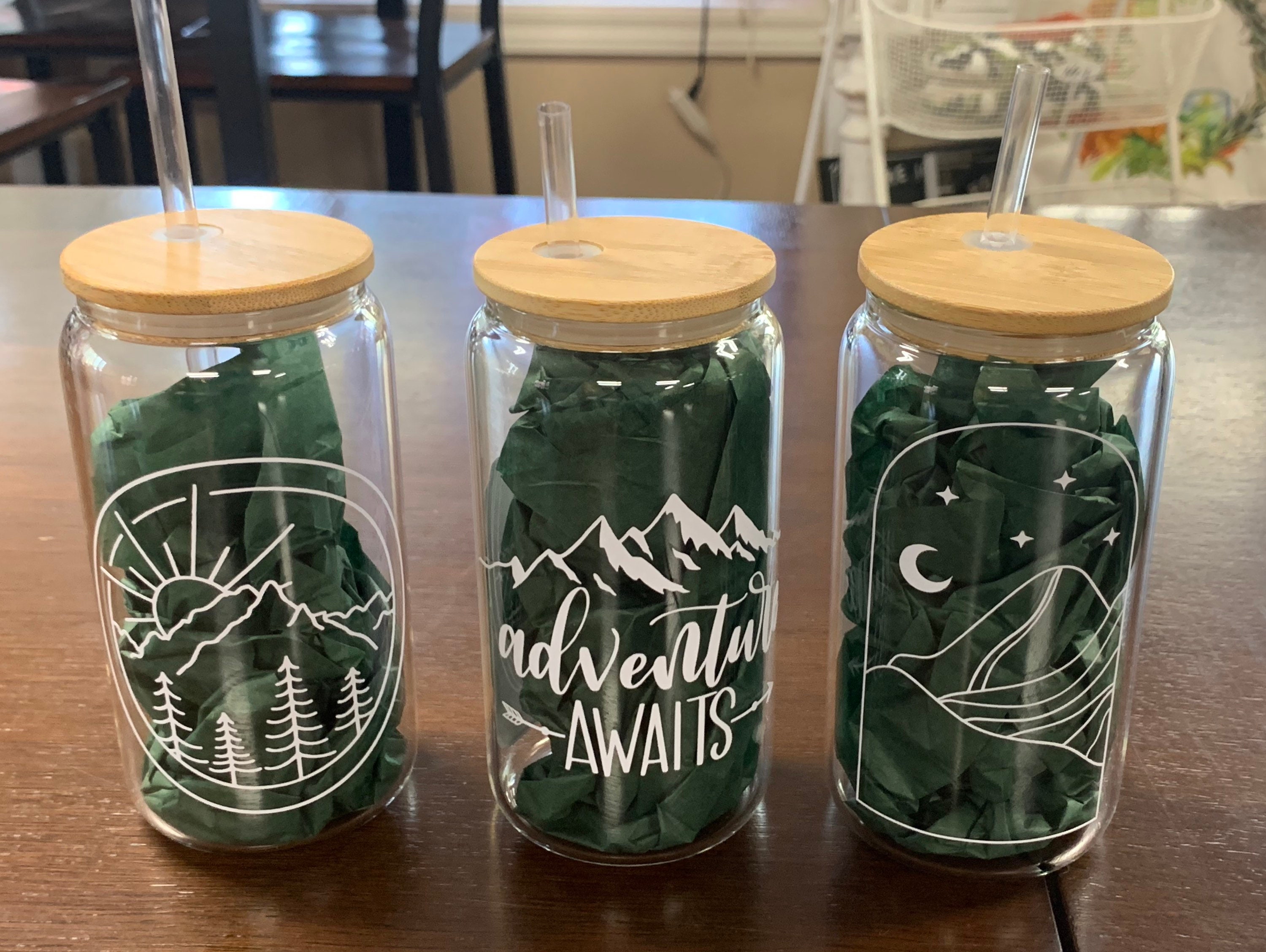 HMD Mountain Scene 16 oz Glass Can Tumbler with Bamboo Lid and Straw.