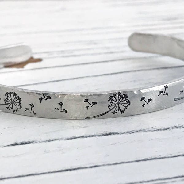 Dandelion Fluff Hand Stamped Aluminum Cuff Bracelet / Nature Inspirational Hand Stamped Jewelry / Dandelion Wish Hand Stamped Cuff Bracelet