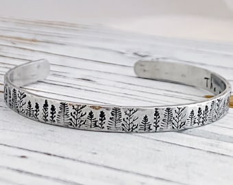 Mountains are Calling & I Must Go Hand Stamped Aluminum Cuff Bracelet / Inspirational Hand Stamped Aluminum Jewelry / Nature Forest Jewelry