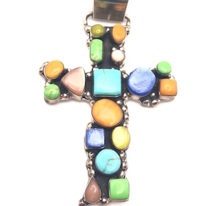 Sterling Silver and Multi-Stone Cross Pendant, MEXICO925