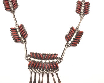 Vintage Zuni Needle Point Coral and Sterling Silver Link Necklace, Signed ES