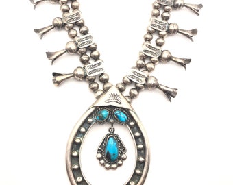 RARE!  "Full Circle" Navajo Squash Blossom Necklace, Sterling Silver and Turquoise