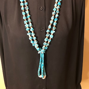 Navajo Handmade Beaded Heishi Turquoise Double Strand Necklace with Jaclas