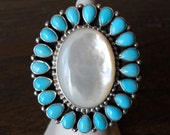 Tonya June Rafael Turquoise and Mother-of-Pearl Sterling Silver Ring, Size 8 (Adjustable)