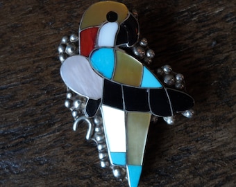 Vintage Zuni Inlay Parrot Brooch, Sterling Silver and Multi-Stone, Pin/Pendant