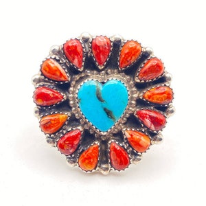Navajo Heart Ring, Spiny Oyster and Turquoise, Sterling Silver, Size 7