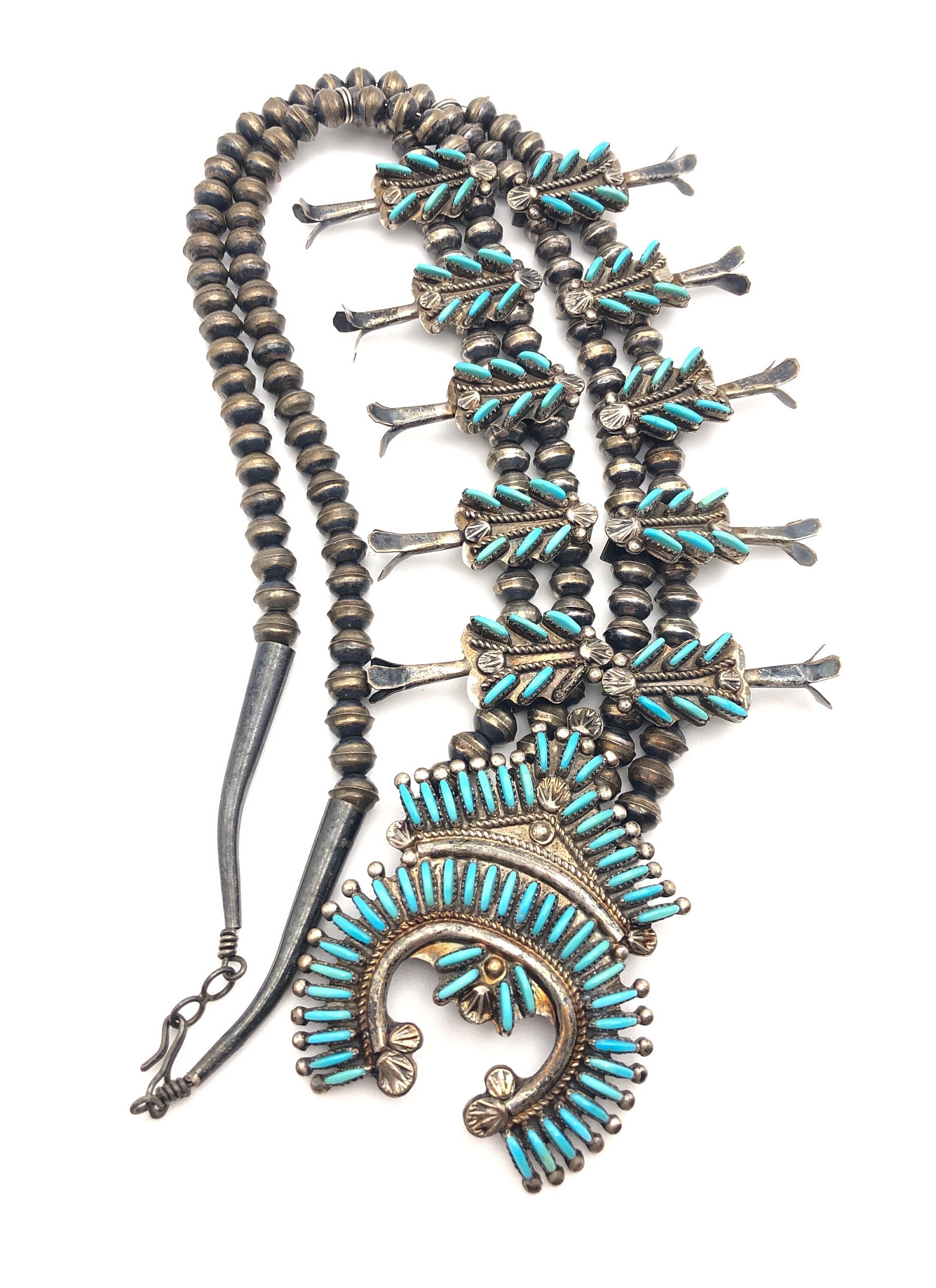 Ray and Eva Wyaco Vintage Zuni Squash Blossom Necklace and