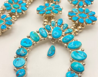Huge XL Sleeping Beauty Turquoise and Sterling Silver Squash Blossom, Signed D. Turquoise, 470 grams!