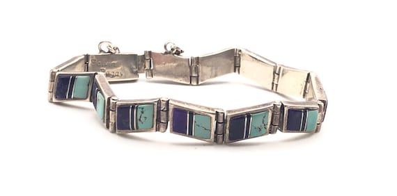 Signed Unique Vintage Native American Zuni Turquoise Sugulite Sterling Silver Link Bracelet Signed Unique Vintage Native American Zuni Turquoise Sugulite Sterling Silver Link Bracelet