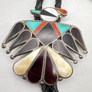 Vintage Zuni Thunderbird Inlay Multi-Stone Sterling Silver Bolo Tie