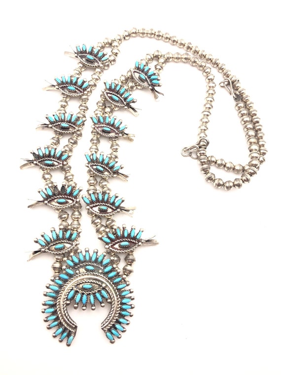 Wow! Dishta Style Vintage Zuni Turquoise Sterling Native American Jewelry Silver Squash Blossom Necklace Wow! Dishta Style Vintage Zuni Turquoise Sterling Native American Jewelry Silver Squash Blossom Necklace