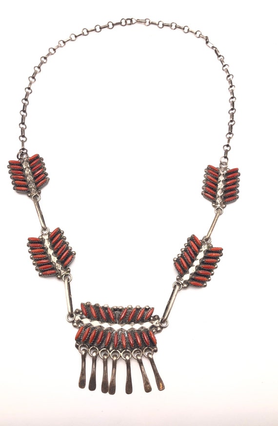 Vintage Zuni Needle Point Coral and Sterling Silver Link Necklace, Signed ES