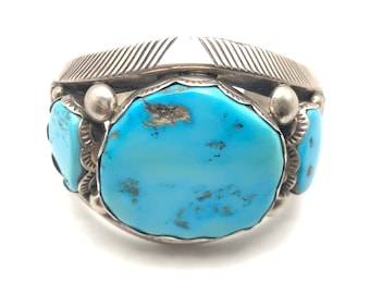 ¡GUAU! Brazalete grande y pesado de plata y turquesa de Hoskie Nez Navajo