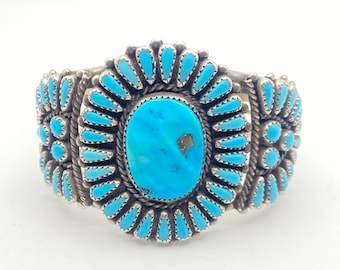 Vintage Zuni Sleeping Beauty Turquoise and Sterling Silver Cluster Cuff Bracelet