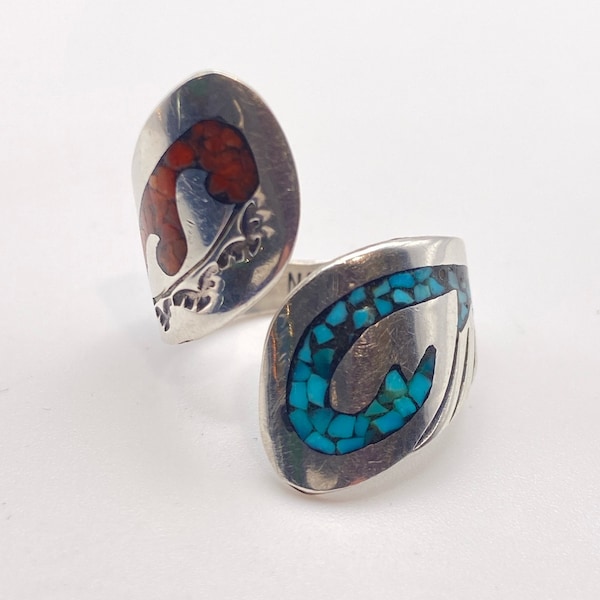 Nezzie Sterling Silver Chip Inlay Turquoise and Coral Bypass Ring, Adjustable Size 9