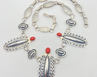 Jack Tom Navajo Coral and Sterling Silver Link Necklace