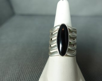 Vintage Andy Thomas Sterling Silver and Onyx 5 Shank Channel Ring