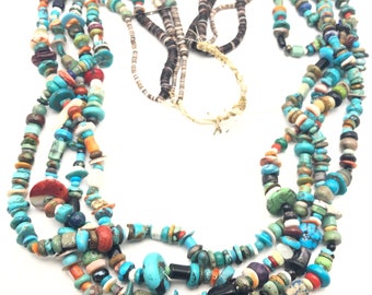 Turquoise and Multi Gemstone 4-Strand Native American Beaded Necklace with Sterling Silver