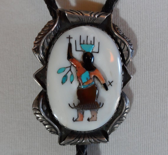 Vintage Zuni Inlay Ghan Dancer Bolo, Sterling Sil… - image 1