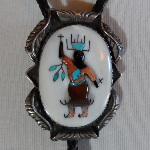 Vintage Zuni Inlay Ghan Dancer Bolo, Sterling Silver and Multi-Stone