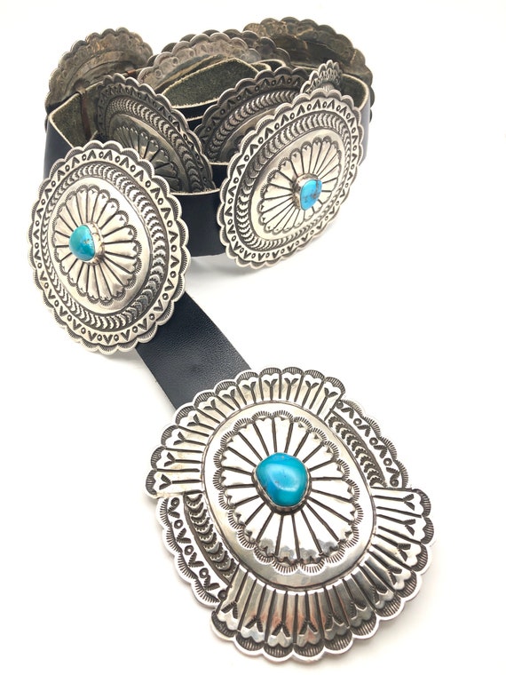Native American Early Highly Detailed Sterling Silver Turquoise Concho Belt Old Native American Early Highly Detailed Sterling Silver Turquoise Concho Belt Old