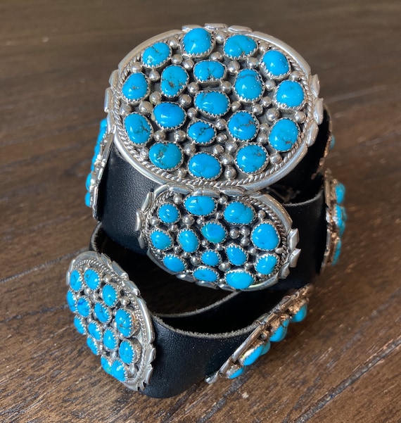 Kingman Turquoise With Matrix Cluster Sterling Silver Concho Belt Buckle Kingman Turquoise Cluster Sterling Silver Concho Belt Full  main image 3