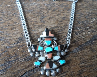 Vintage Zuni Knifewing Tie Bar/Clip, Sterling Silver and Multi-Stone