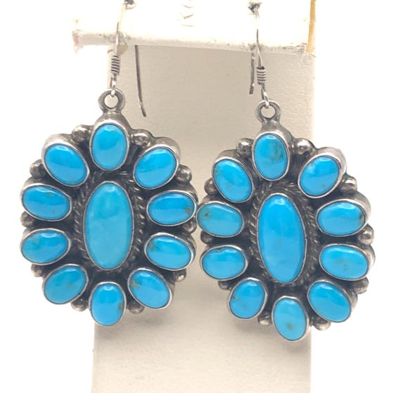 Brilliant Native American Navajo Blue Green Turquoise Sterling Silver Large Oval Earrings Brilliant Native American Navajo Blue Green Turquoise Sterling Silver Large Oval Earrings